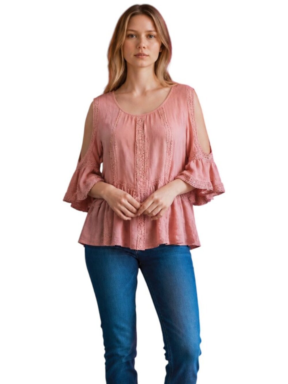 Molly Bracken Split Bell Sleeve Blouse Gauzy Peach Crochet Lace Trim Boho Large
